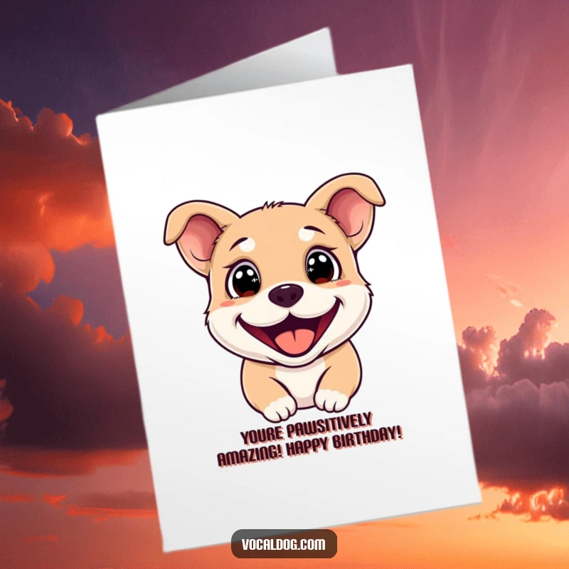 Funny Free Printable birthday card of a happy dog with sparkling eyes and an enormous grin, ready to celebrate.