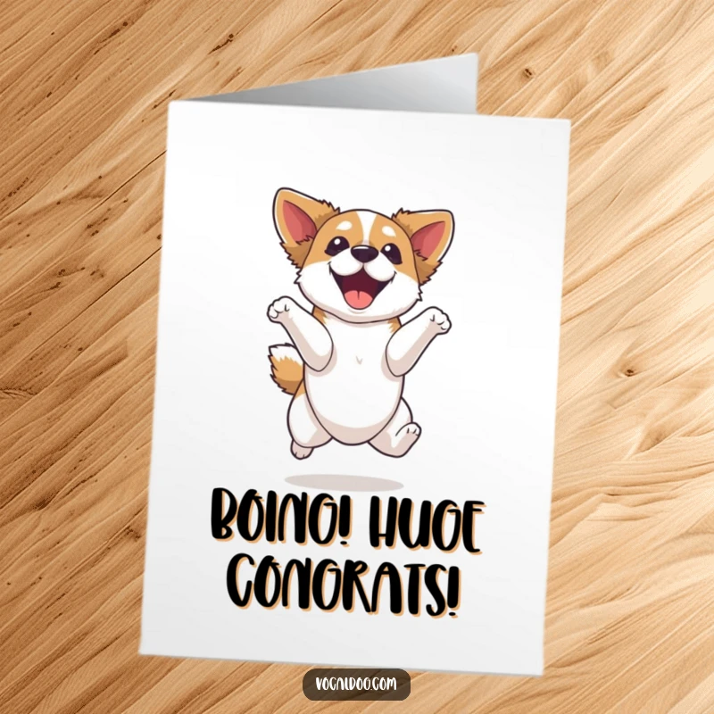 Funny Free Printable Congratulations Card: A dog airborne with pure joy and elation, celebrating a fantastic accomplishment with boundless energy.