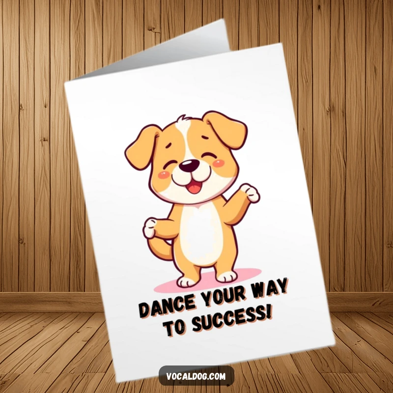 Funny Free Printable Congratulations Card, a cheerful dog character performing a happy jig with its paws, full of excitement.