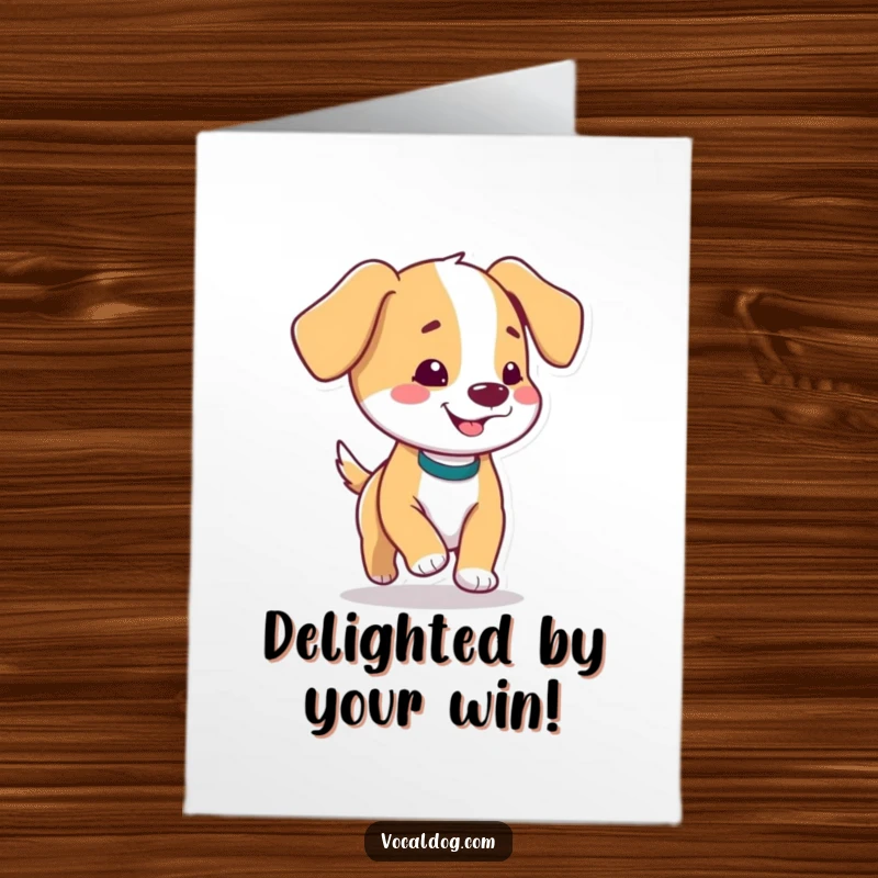 Funny Free Printable Congrats Card depicting a dog with floppy ears prancing joyfully to celebrate good news.