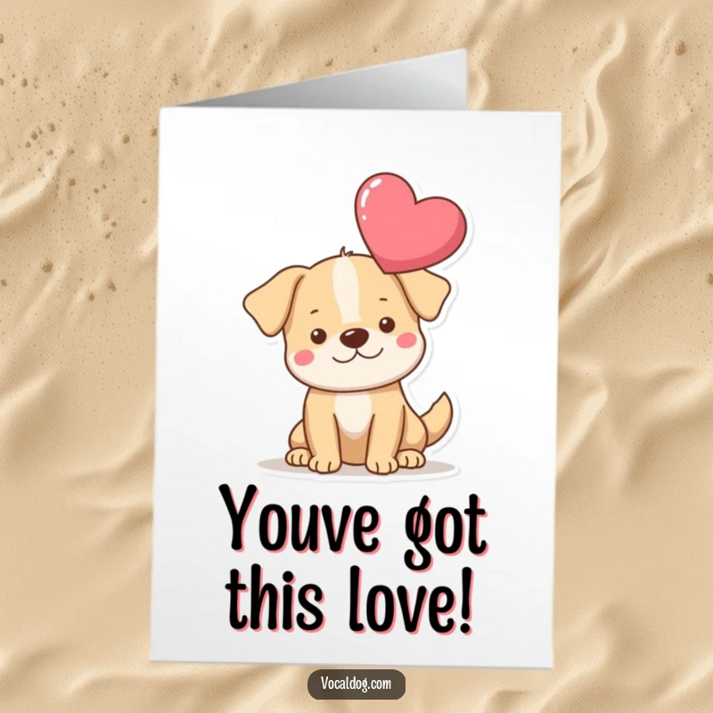 Funny Free Printable Congratulations Card: A dog beams, showcasing a large, solitary heart floating above its head, representing pure adoration. Downloadable art.