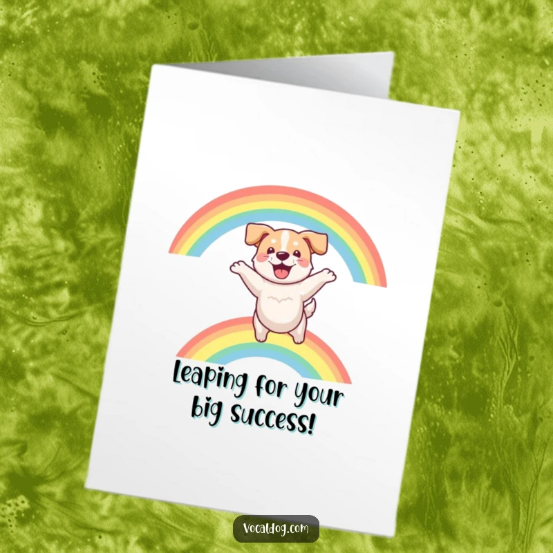 Funny Free Printable Congrats Card: Ecstatic dog soars through a rainbow, a perfect symbol of achievement.