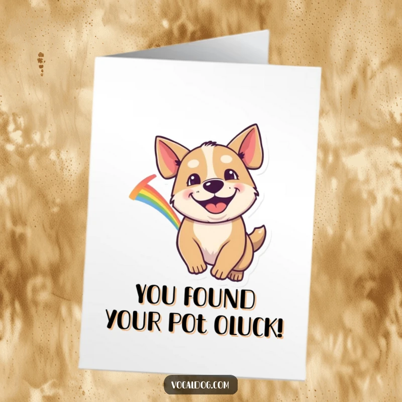 Funny Free Printable Congratulations Card featuring a dog with a wide goofy grin, gleefully chasing a bright rainbow.