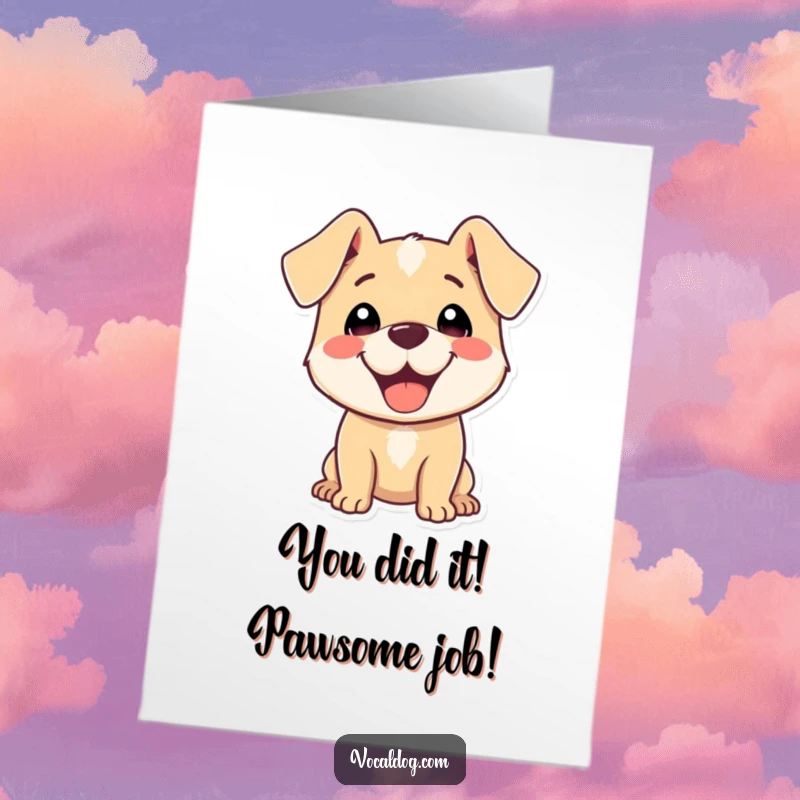 Funny Free Printable Congratulations Card: Exuberant dog with ears back, radiating pure delight, celebrating success.