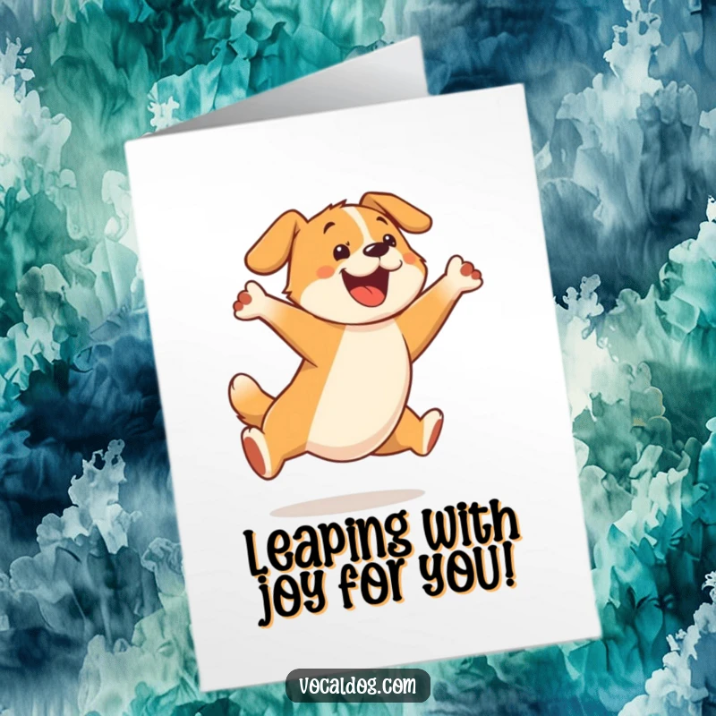 Funny Free Printable Congratulations Card: A dog character captured mid-air, leaping with immense joy and excitement for their success.