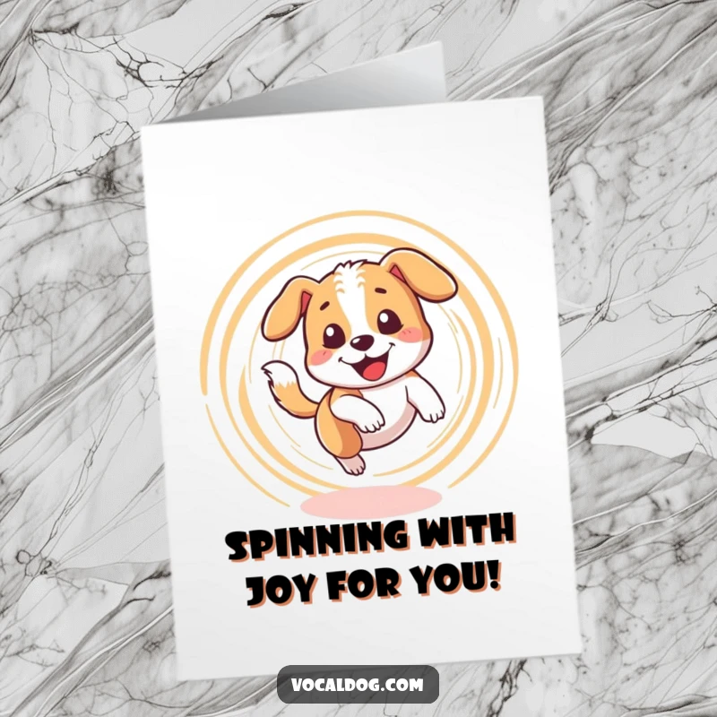 Funny Free Printable Congrats Card: Dog happily chasing its tail in a dizzy circle, celebrating a great achievement. Downloadable gift.
