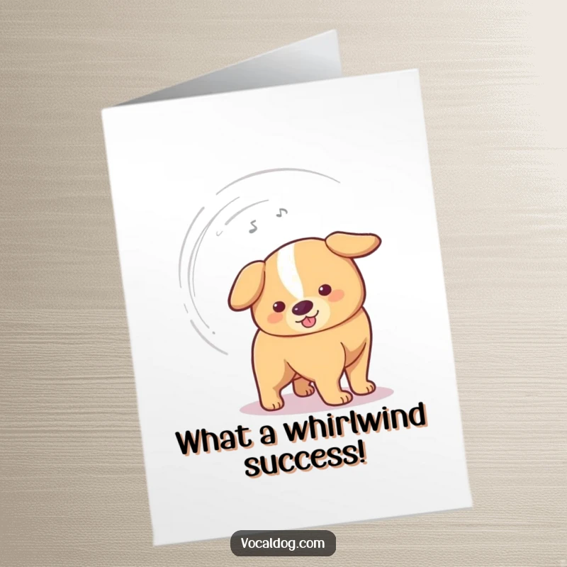 Free Printable Congratulations Card: A dog's tail wags so fast it creates a miniature vortex, signifying immense happiness.