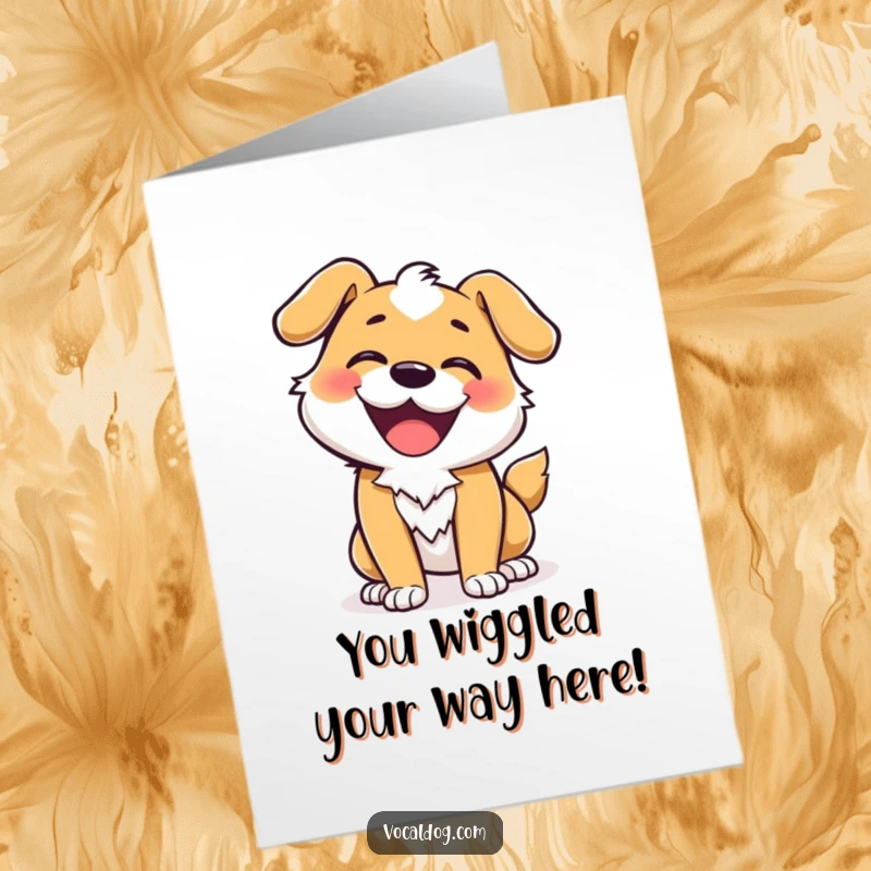 Funny Free Printable Congratulations Card showing a dog character in mid-wiggle, bursting with celebratory energy.