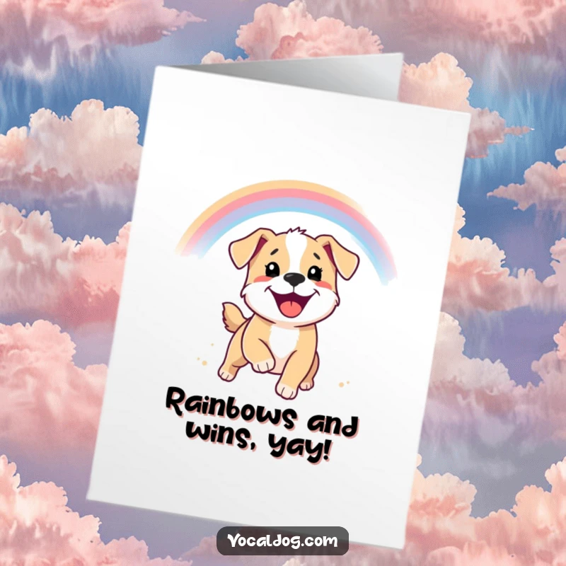 Funny Free Printable Congratulations Card of a puppy with a beaming smile chasing a rainbow, symbolizing bright successes and happy journeys.