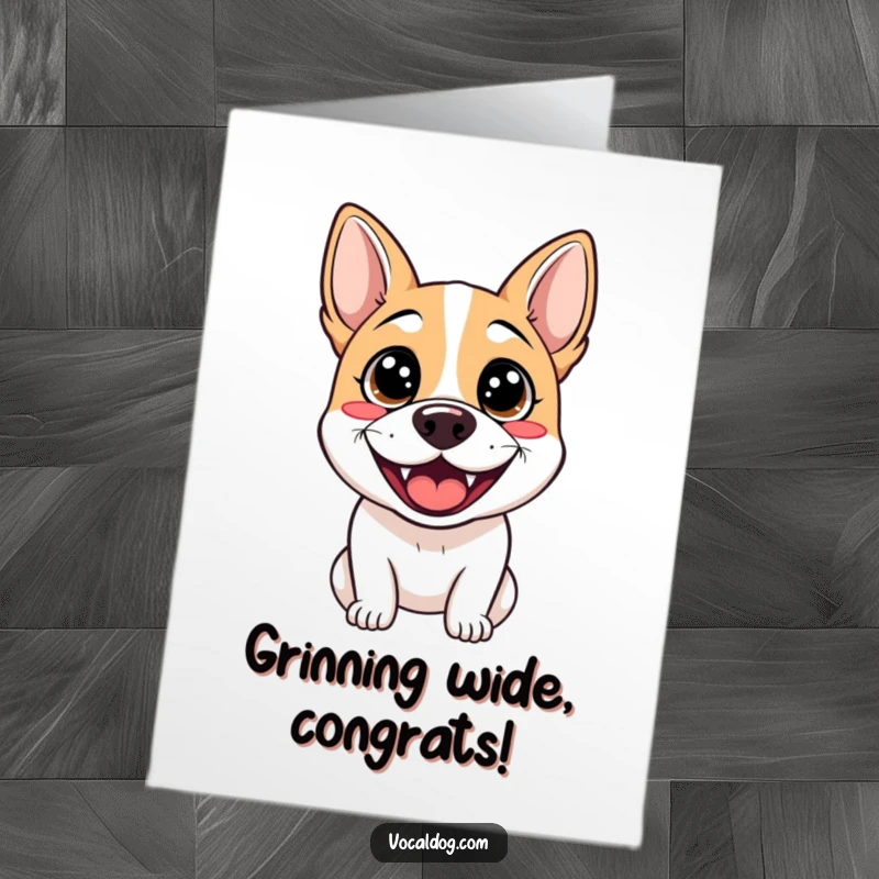 Funny Free Printable Congrats Card: A dog beams with sparkling eyes and a wide, joyous grin, celebrating a friend's achievement.