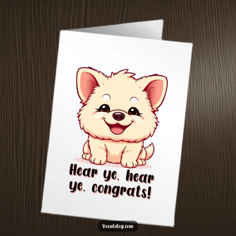 Funny Free Printable Congratulations Card: A fluffy dog with enormous ears and a beaming smile, jumping for joy to celebrate an achievement.