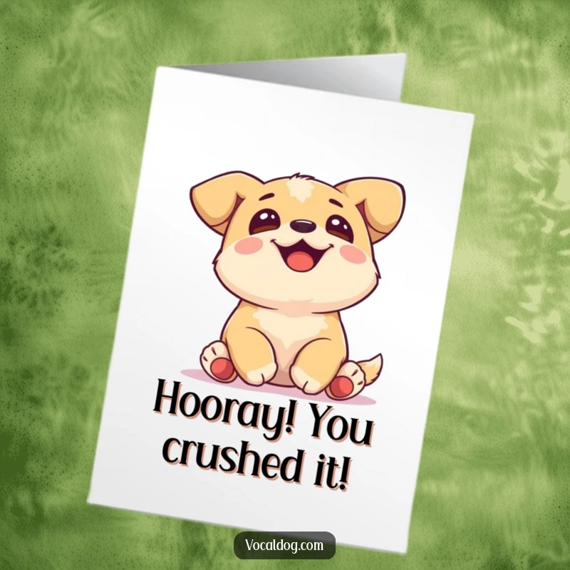 Funny Free Printable congratulations card featuring a joyful dog with paws tucked, gazing upwards in admiration.