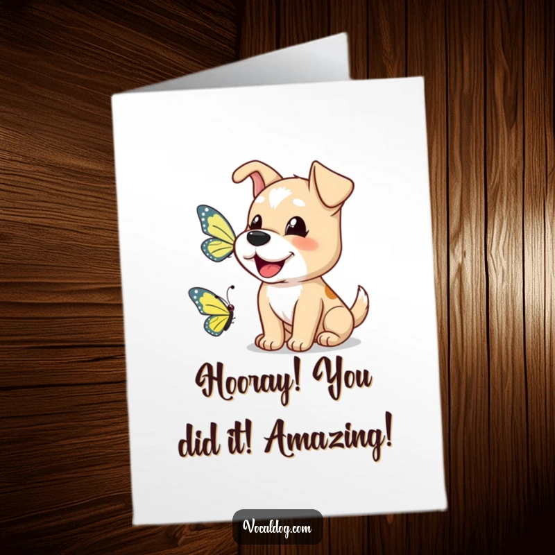 Funny free printable congratulations card showing a dog barking happily at a butterfly.