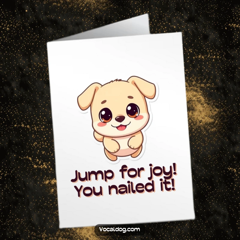 Funny Free Printable Congrats Card depicting a small, round dog with happy eyes doing a joyous bounding leap.