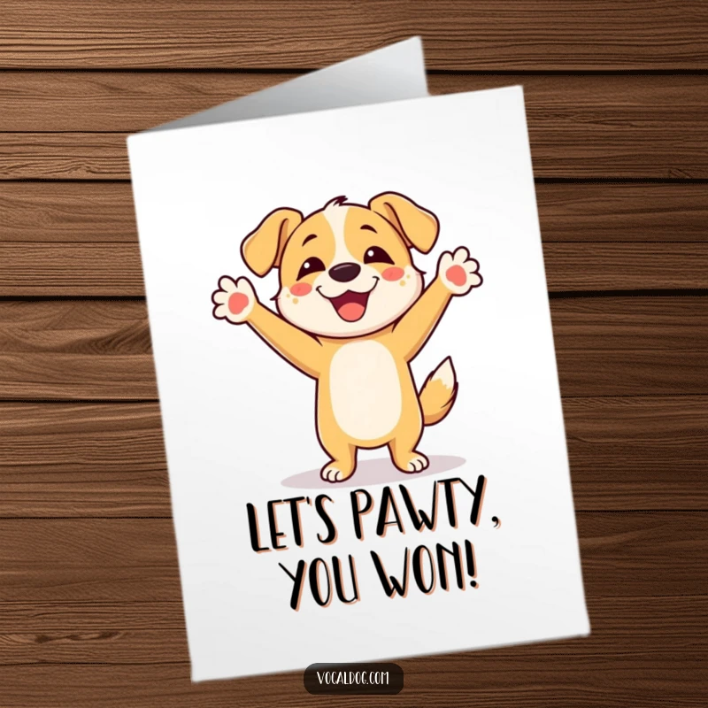 Funny Free Printable Congrats Card: A happy dog performs a joyful dance with paws raised, a downloadable celebration of success.