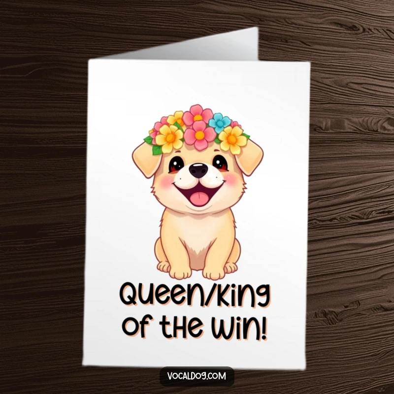 Funny Free Printable Congratulations Card: A dog wearing a beautiful flower crown, beaming with happiness and pride.