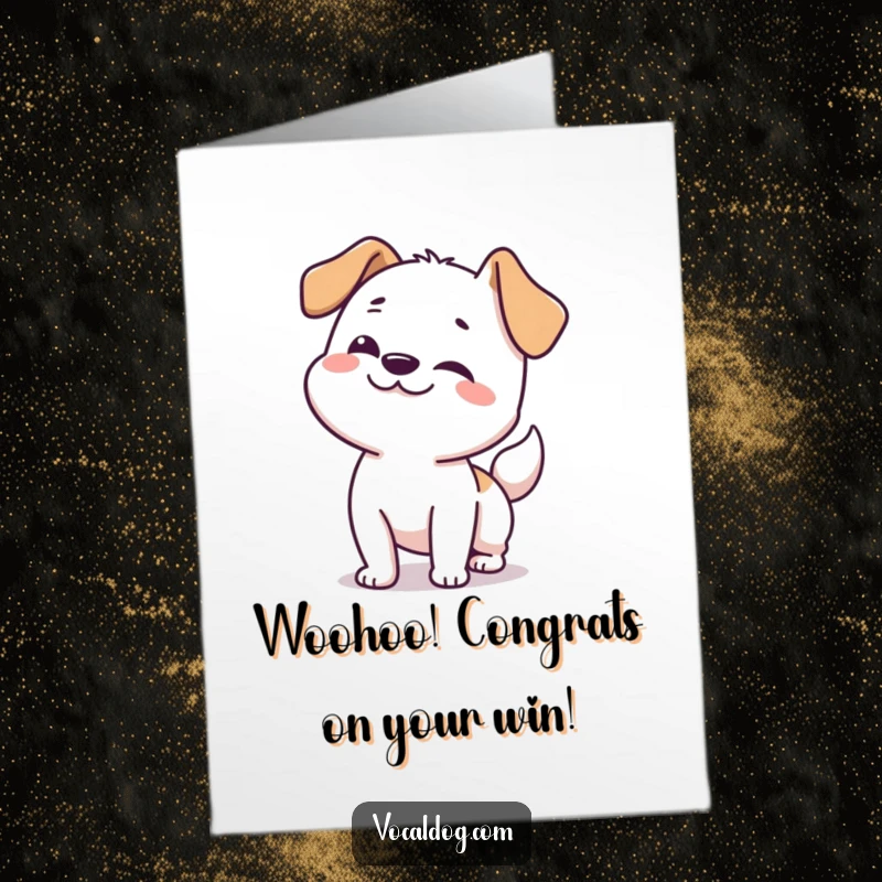 Funny free printable congratulations card of a dog wiggling with excitement.