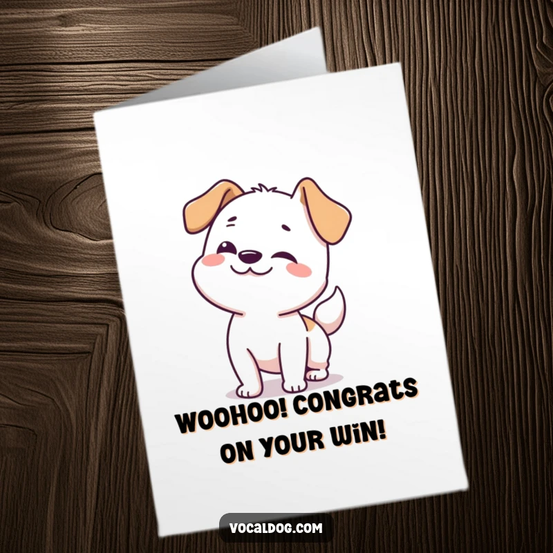 Funny free printable congratulations card of a dog wiggling with excitement.