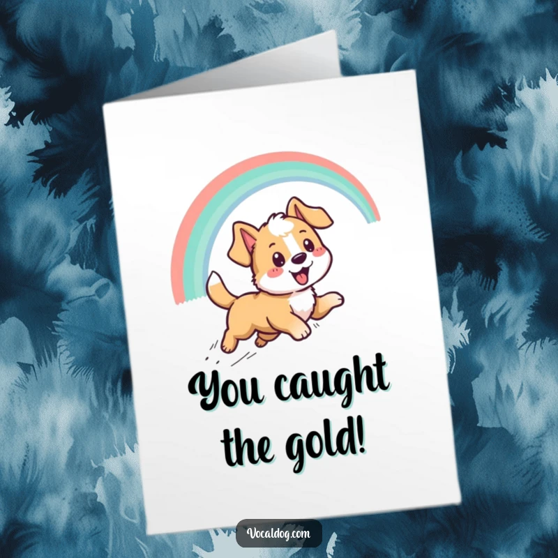 Funny Free Printable Congratulations Card: A cheerful dog sprints with boundless energy towards a bright rainbow, symbolizing success.