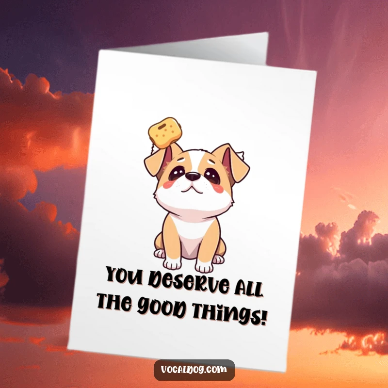 Funny free printable congratulations card of a dog looking up at a floating treat.