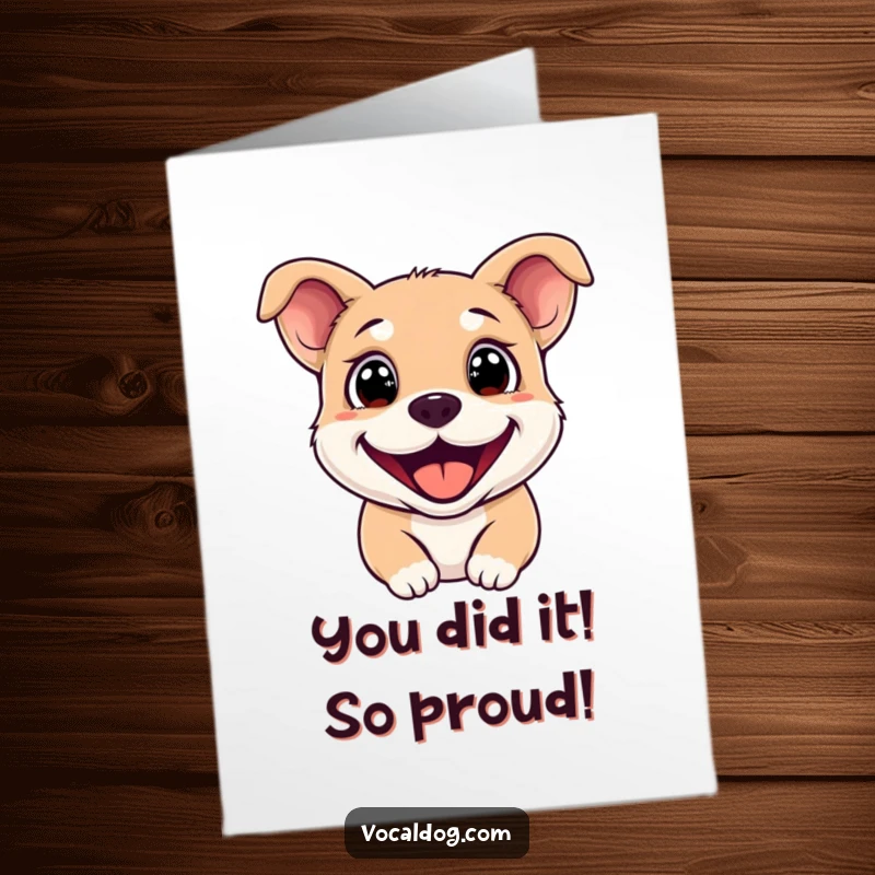 Funny Free Printable congratulations card with a dog's sparkling eyes and wide grin, celebrating a big success.