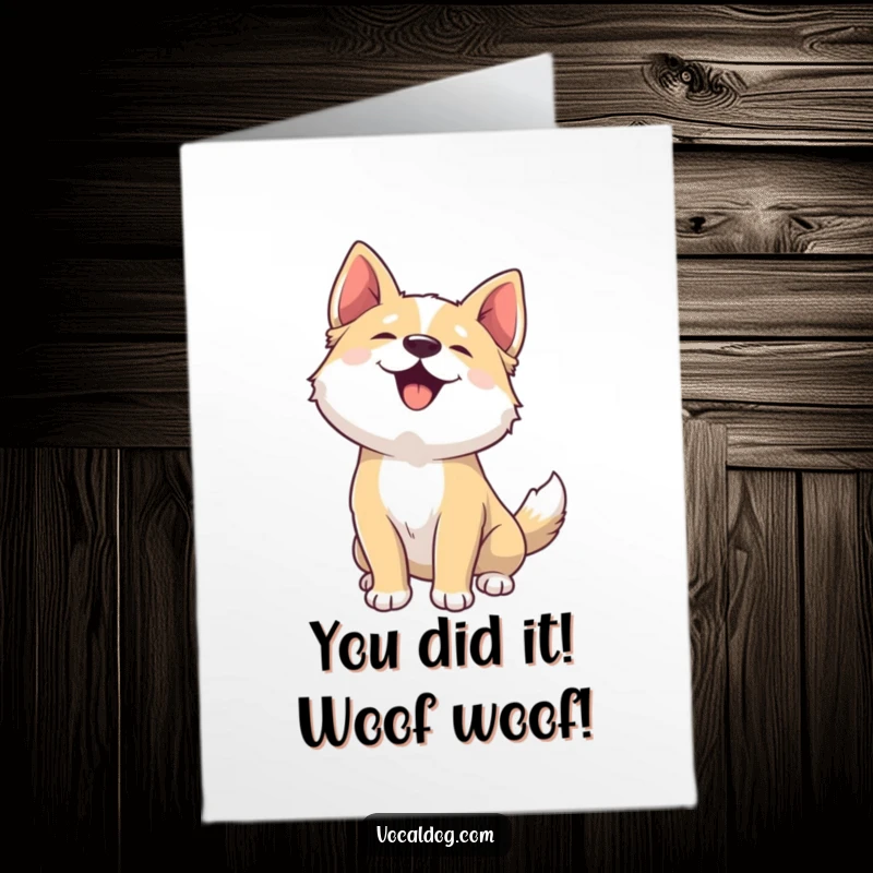 Funny Free Printable Congratulations Card: A happy dog mid-woof, celebrating achievements with exuberant joy.