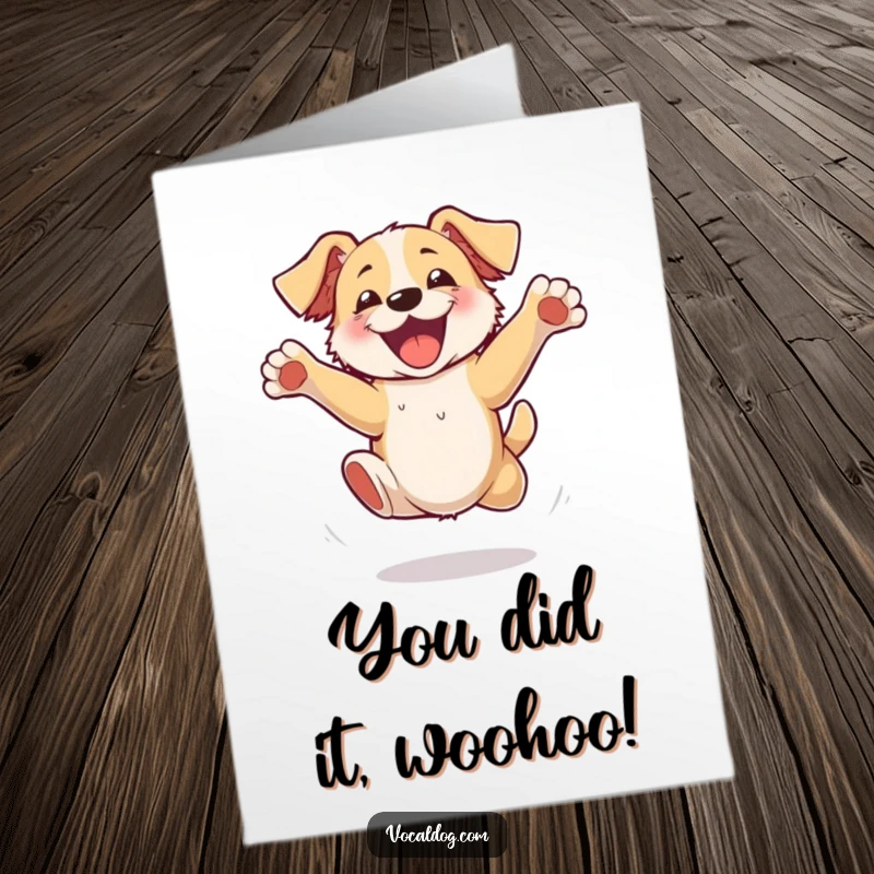 Free Printable Congratulations Card: A dog jumps high with unrestrained glee, paws flailing, celebrating a fantastic accomplishment.