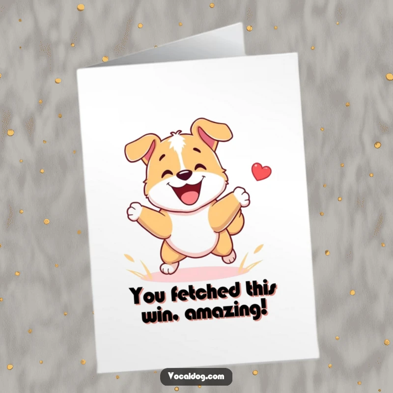 Funny Free Printable Congratulations Card: A dog is pure joy, mid-air, catching a ball with immense happiness.