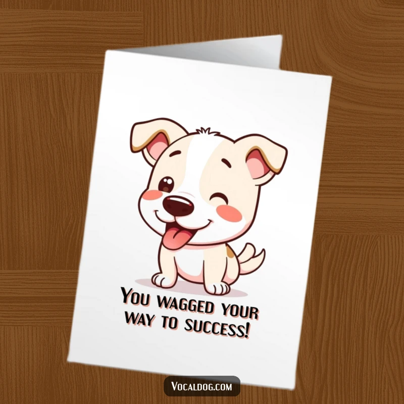 Funny Free Printable Congratulations Card showing a dog expressing immense joy through a full-body happy wiggle.