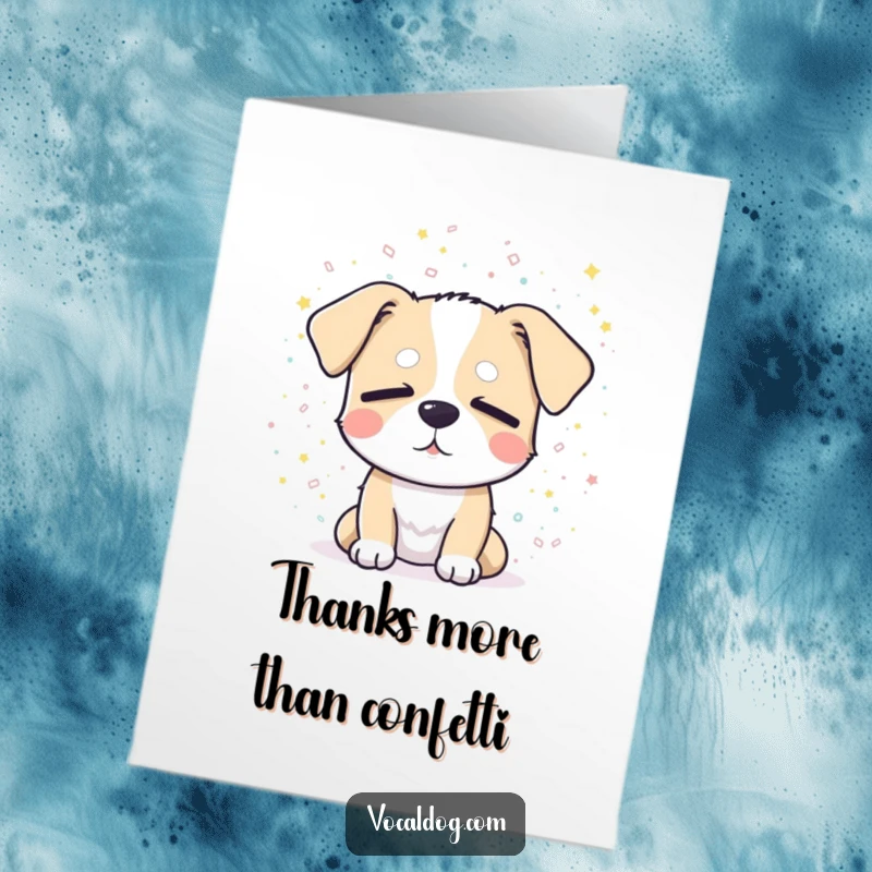 Funny Free Printable Thank You Card: Dog enjoying a shower of confetti, eyes closed. A sweet downloadable gift.
