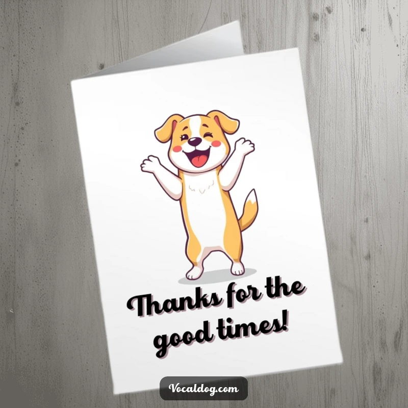 Funny Free Printable Thank You Card: A dog doing a silly, happy dance on its hind legs, downloadable art.