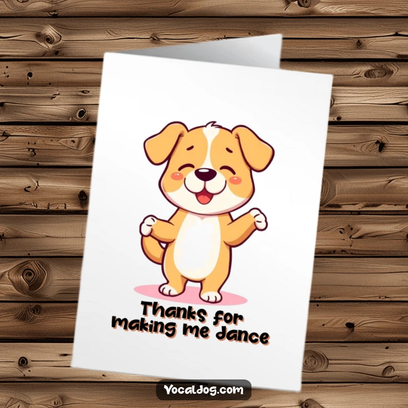 Funny Free Printable Thank You Card, a cute dog character doing a joyous little jig with its paws, conveying happiness.