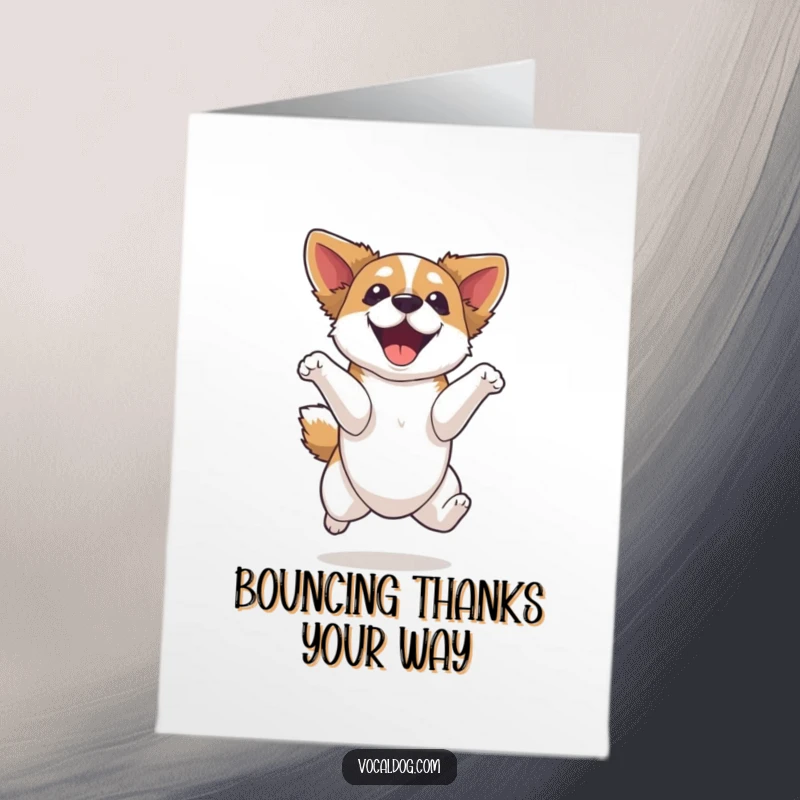 Funny Free Printable Thank You Card: A dog leaping joyfully in the air, showing pure elation and heartfelt thanks with every bounce.