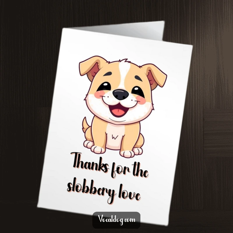 Funny Free Printable thank you card featuring a dog with a huge smile, ready to deliver a big, slobbery, loving kiss.
