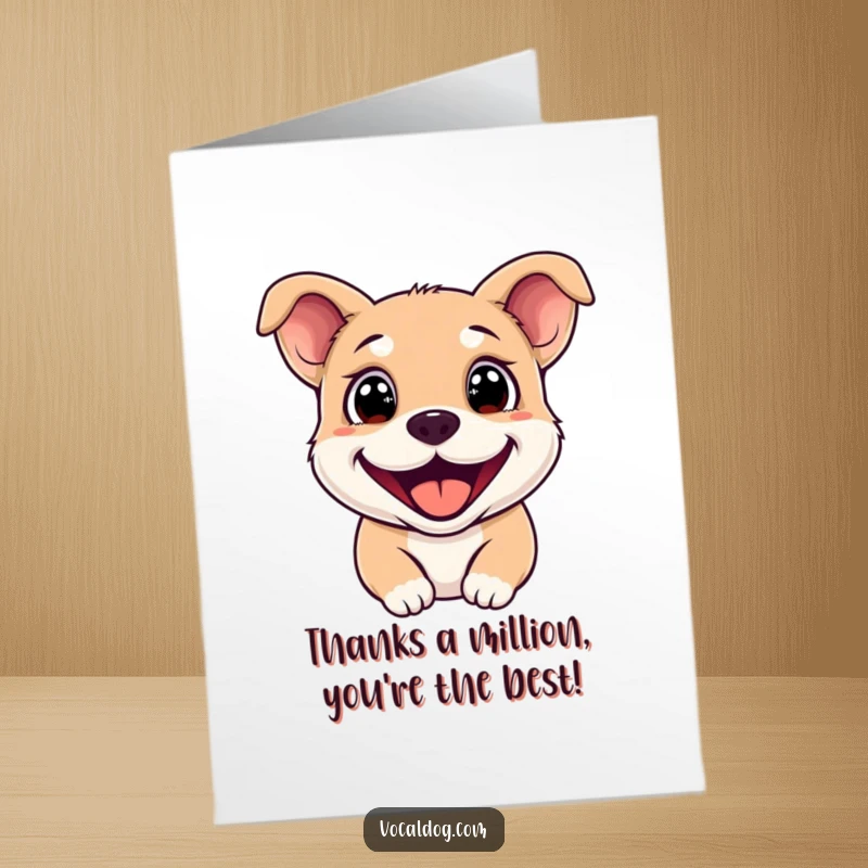 Funny Free Printable thank you card featuring a dog with sparkling eyes and a big grin, expressing sincere thanks.