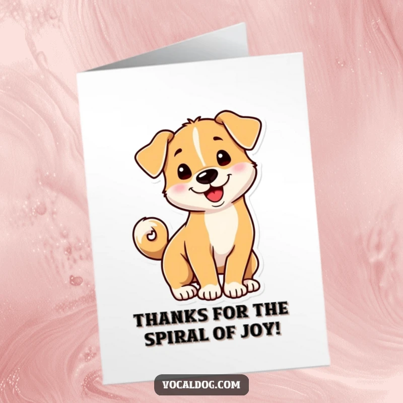 Funny Free Printable Thank You Card: A playful dog with its tail curled into a happy spiral, showing sincere gratitude.
