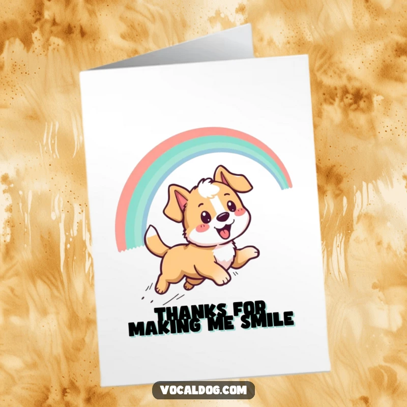 Funny Free Printable Thank You Card: An eager dog bounds after a colorful rainbow, conveying immense gratitude and joy.