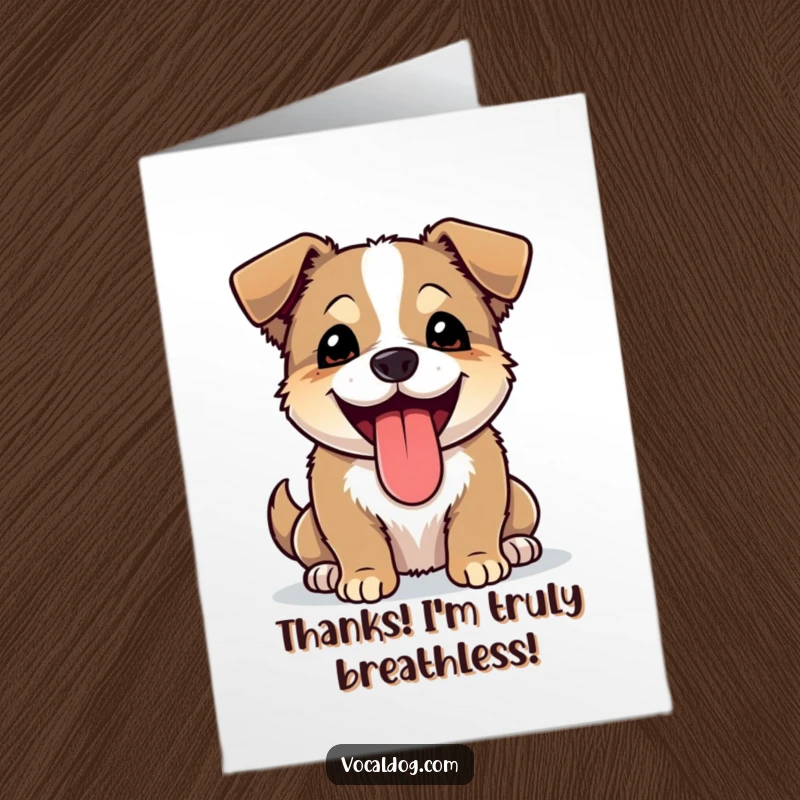 Funny Free Printable Thank You Card of a dog panting with its tongue lolling out, expressing pure, enthusiastic gratitude.