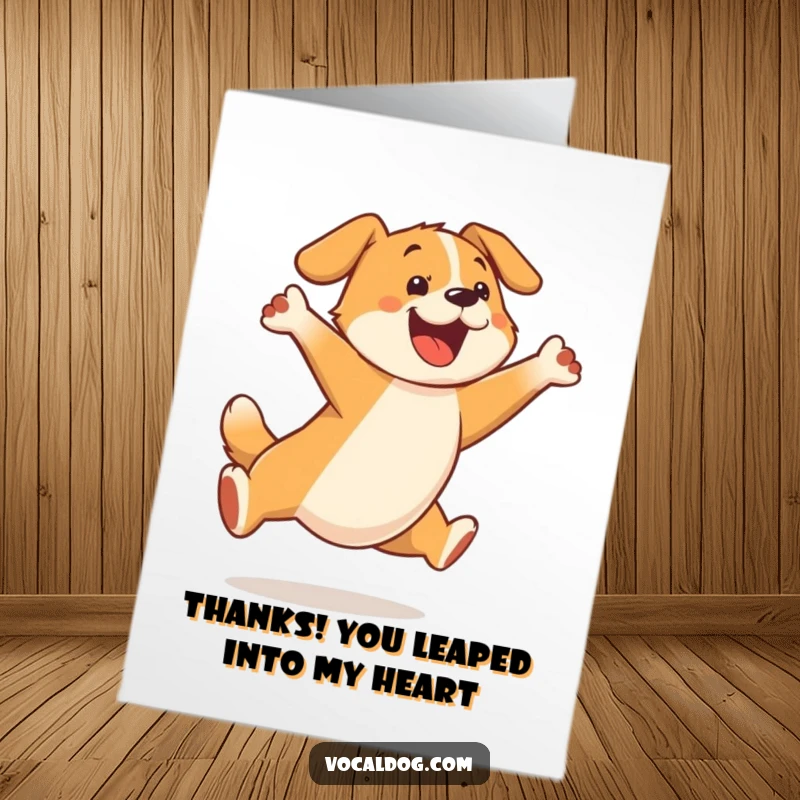 Funny Free Printable Thank You Card: A dog character leaping exuberantly in the air, conveying pure delight and thanks.