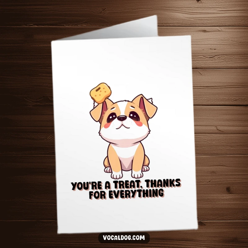 Funny free printable thank you card of a dog gazing adoringly at a floating treat.