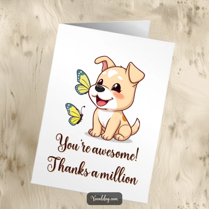 Funny free printable thank you card of a dog barking joyfully at a butterfly.