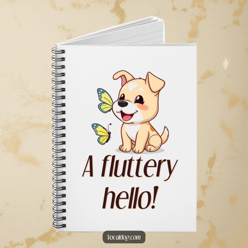 Funny dog notebook with a happy dog barking a greeting to a butterfly, perfect for note-taking.