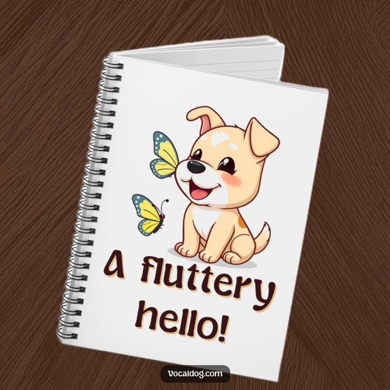 Funny dog notebook with a happy dog barking a greeting to a butterfly, perfect for note-taking.