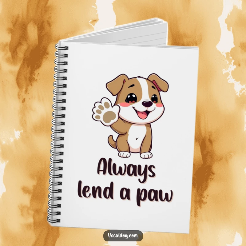 Funny notebook with a dog character offering its paw on the cover, encouraging joyful note-taking and creative expression, a delightful tool.