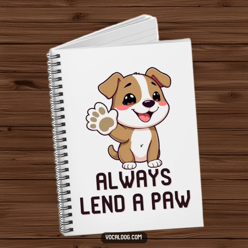 Funny notebook with a dog character offering its paw on the cover, encouraging joyful note-taking and creative expression, a delightful tool.