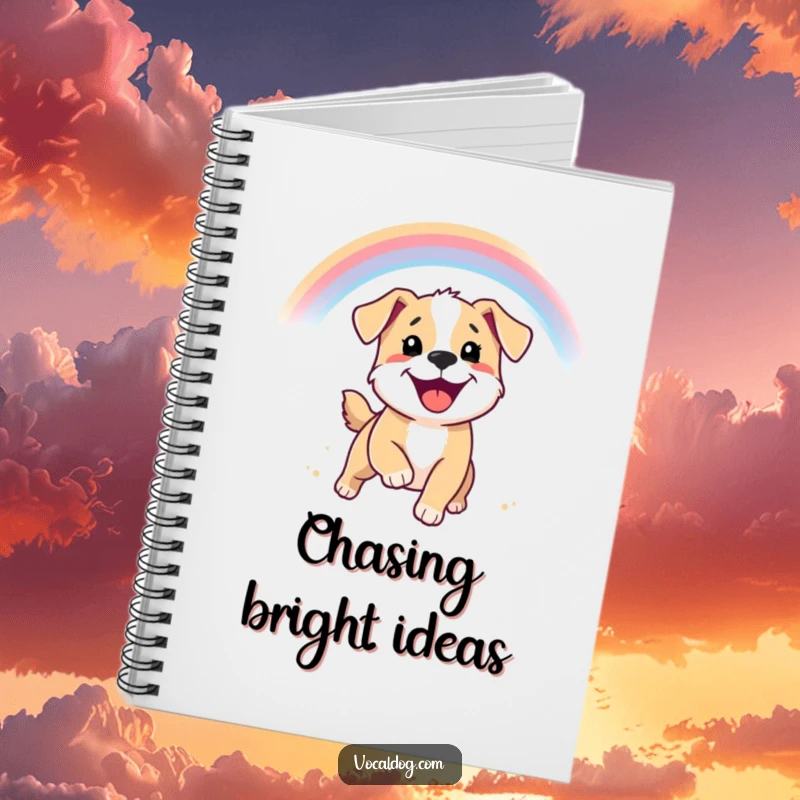 Funny notebook featuring a smiling puppy chasing a rainbow, perfect for journaling dreams and happy thoughts.