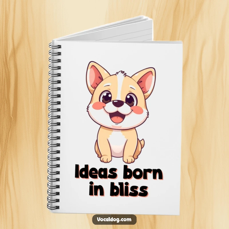 Funny notebook with a happy dog character, wide delighted gaze, embodying pure bliss and creative joy.