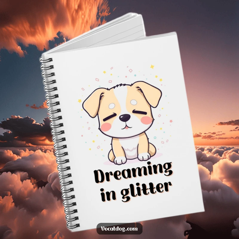 Funny notebook cover with a dog enjoying a shower of sparkling confetti with eyes closed, perfect for celebratory notes.