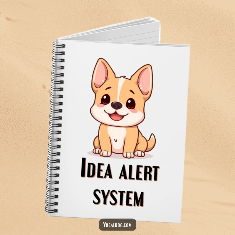 Funny dog notebook with a happy dog whose ears are perked up, listening intently, perfect for jotting down ideas.