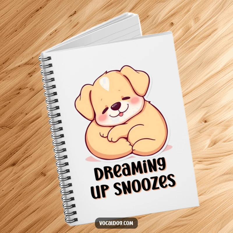 Funny Notebook with a dog curled up, releasing a content sigh, designed for quiet reflection and relaxation.